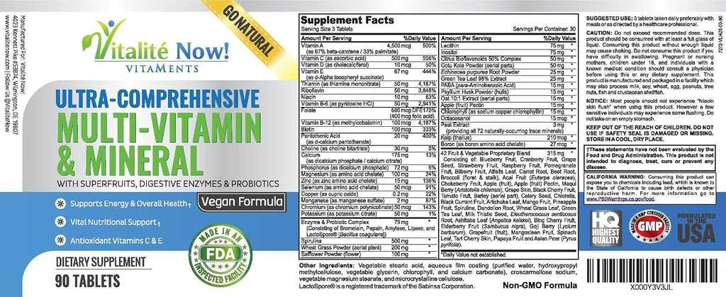 Vitalité Now! Multivitamínico Vegano Completo con Superalimentos, Hierbas, Verduras y Frutas Rojas - 90 Comprimidos