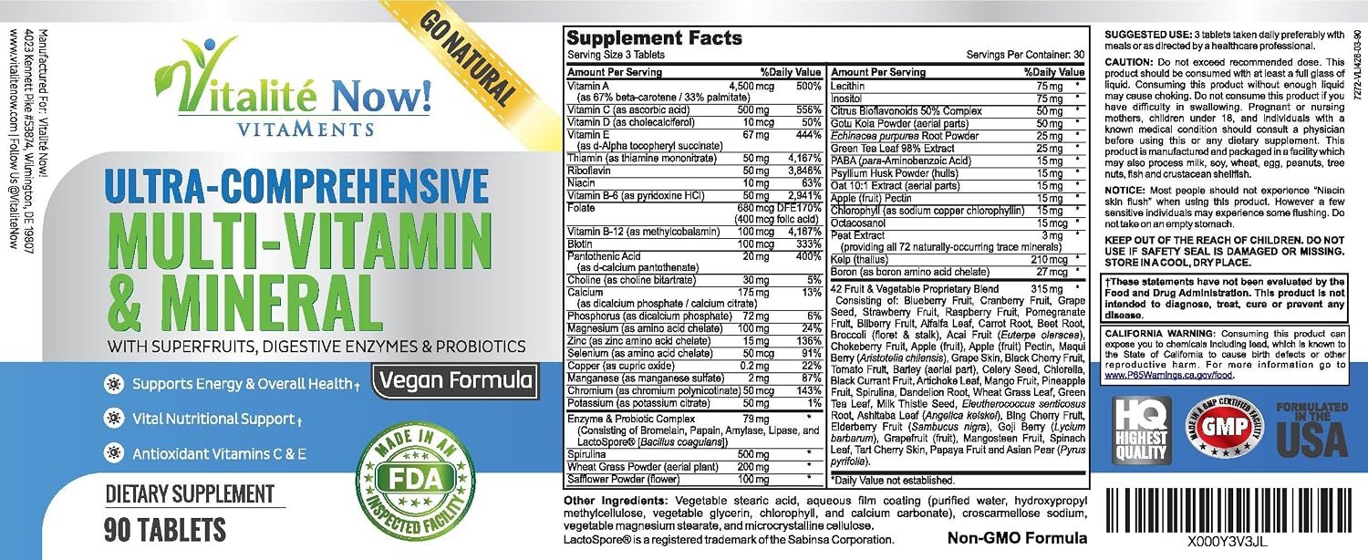 Vitalité Now! Multivitamínico Vegano Completo con Superalimentos, Hierbas, Verduras y Frutas Rojas - 90 Comprimidos