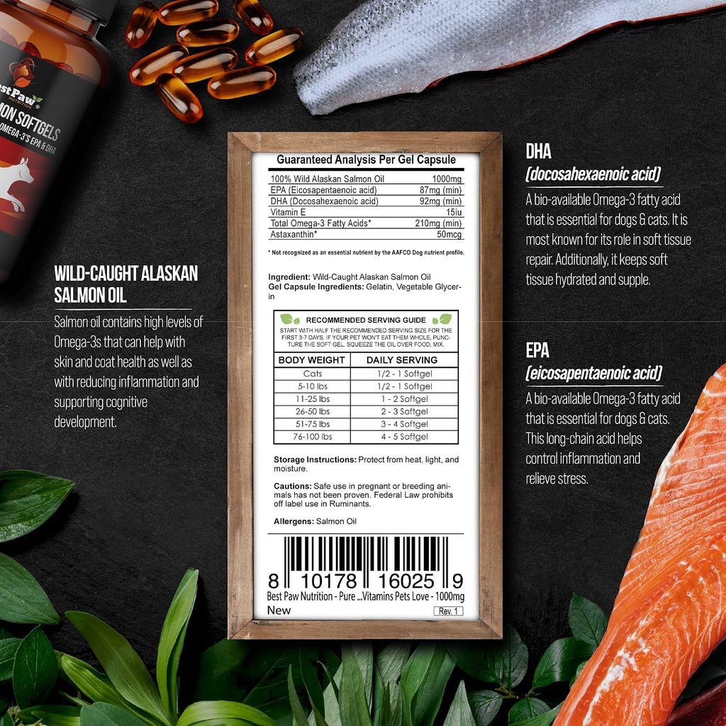 Wild Alaskan Salmon Oil for Dogs and Cats | Omega 3 Fish Oil Soft Gel Capsules | Skin and Coat, Joint and Heart Support | 1000mg EPA DHA | 120 Count