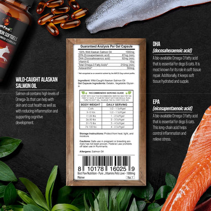 Aceite de Salmón Salvaje de Alaska para Perros y Gatos - Omega 3 en Cápsulas Blandas - 1000mg EPA/DHA, 120 Cápsulas