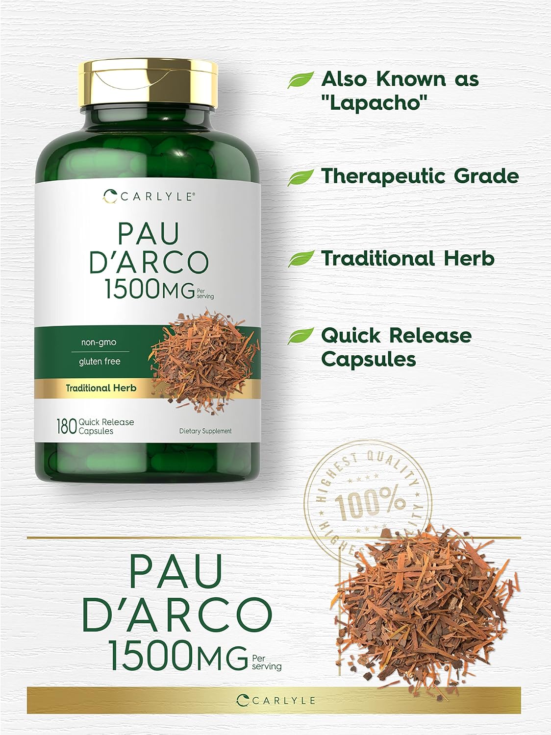 Carlyle Pau D'Arco Cápsulas | 1500 mg | 180 Unidades | Suplemento Herbal | No OGM, Sin Gluten