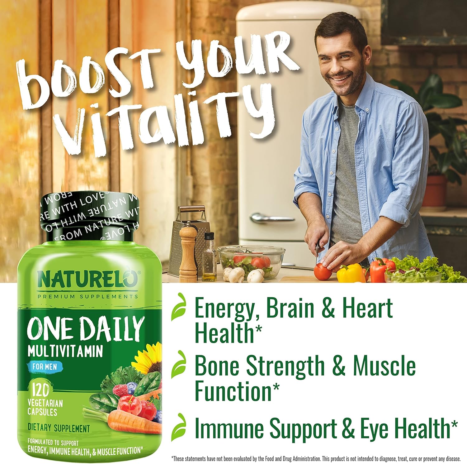 NATURELO Multivitamínico para Hombres – 1 Cápsula Diaria con Vitaminas, Minerales y Alimentos Ecológicos, 120 Cápsulas Vegetales