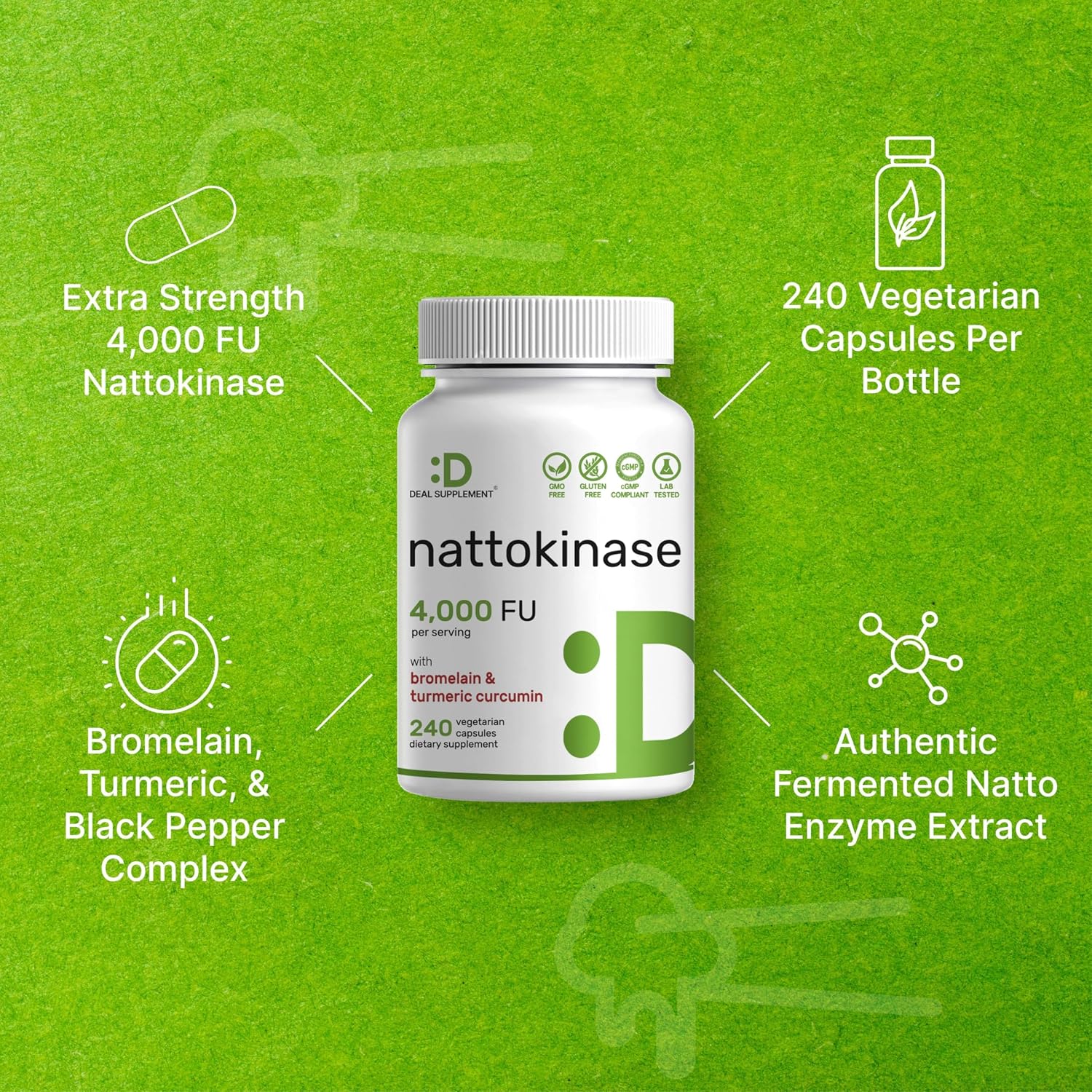Nattokinase 4.000 FU por Ración (240 Cápsulas Veganas) – Complejo con Bromelina, Cúrcuma y Pimienta Negra – Enzimas Digestivas – No Transgénico, Vegano