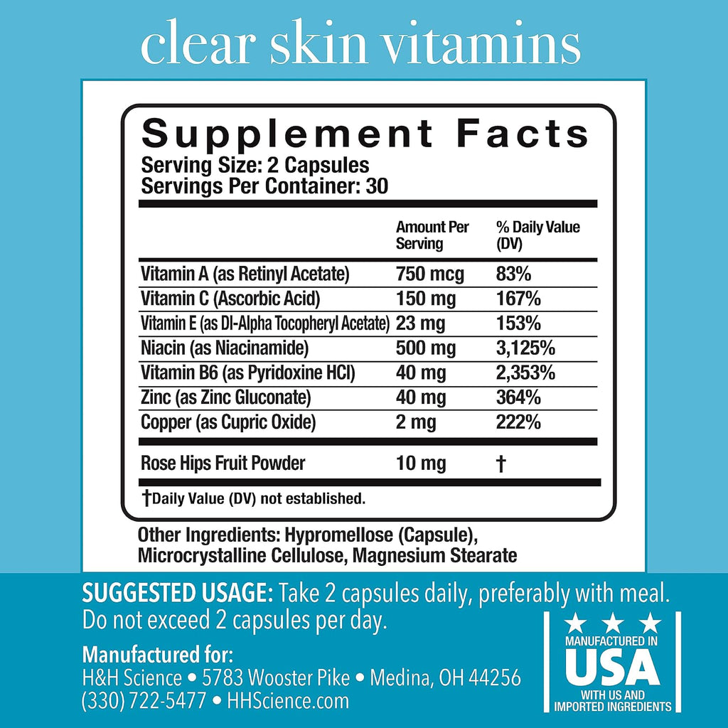 Clear Skin Vitaminas para Piel Clara y Acné - Suplemento para Hombres y Mujeres