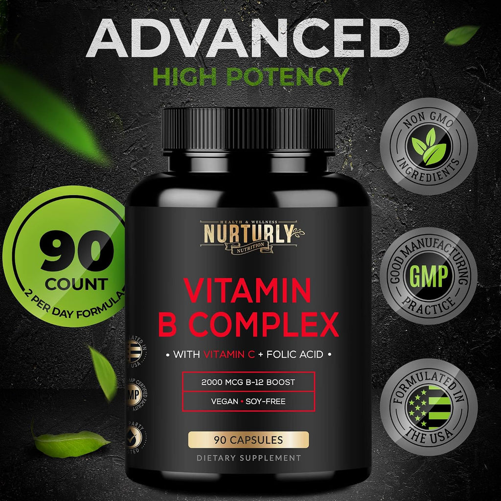 NURTURLY Complejo B con Vitamina C – Todas las Vitaminas B Esenciales – 90 Cápsulas