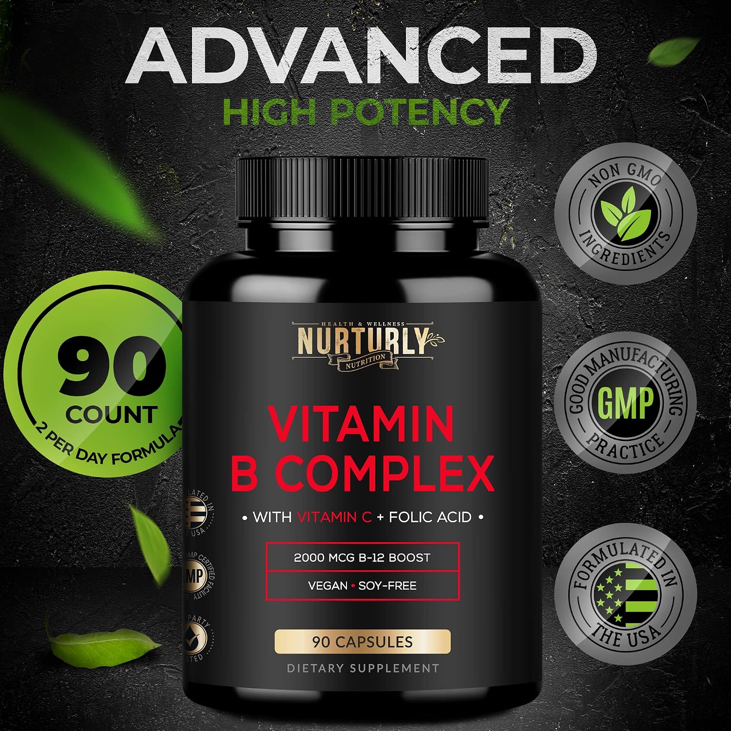 NURTURLY Complejo B con Vitamina C – Todas las Vitaminas B Esenciales – 90 Cápsulas