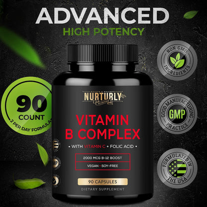 NURTURLY Complejo B con Vitamina C – Todas las Vitaminas B Esenciales – 90 Cápsulas – Image 5