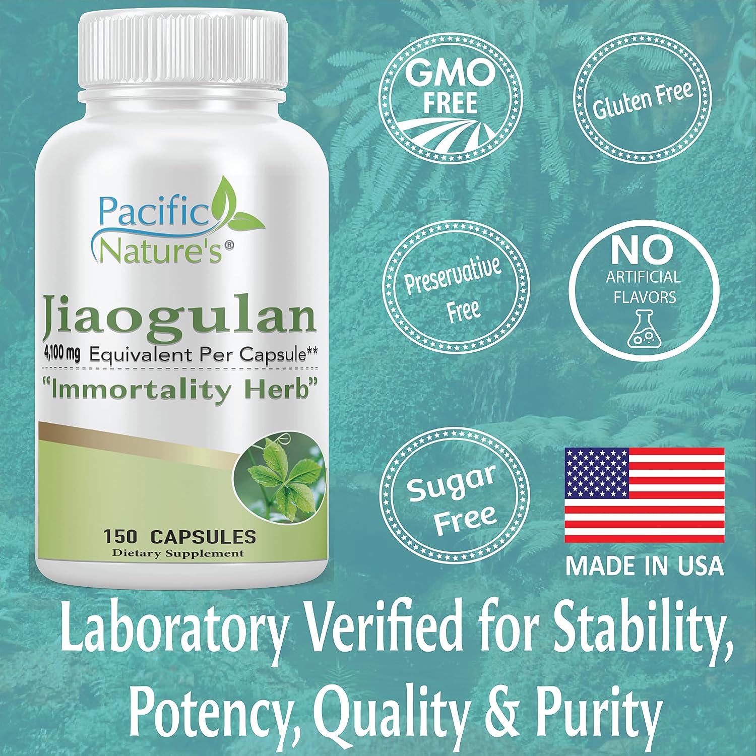 Pacific Nature's Jiaogulan - 150 Cápsulas - Extracto Estandarizado 10:1 (4100 mg)