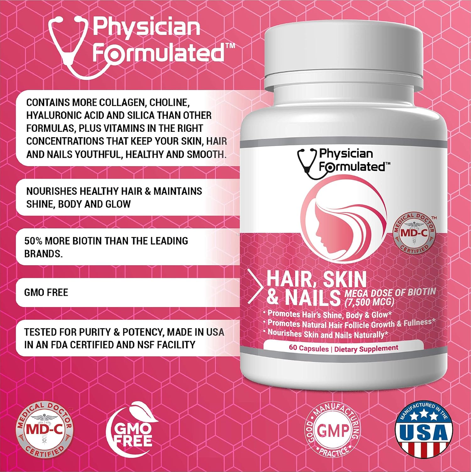 Healthy Hair Skin and Nails - Vitaminas para Cabello, Piel y Uñas con 7500 mcg de Biotina, Colágeno y Ácido Hialurónico - 60 Cápsulas