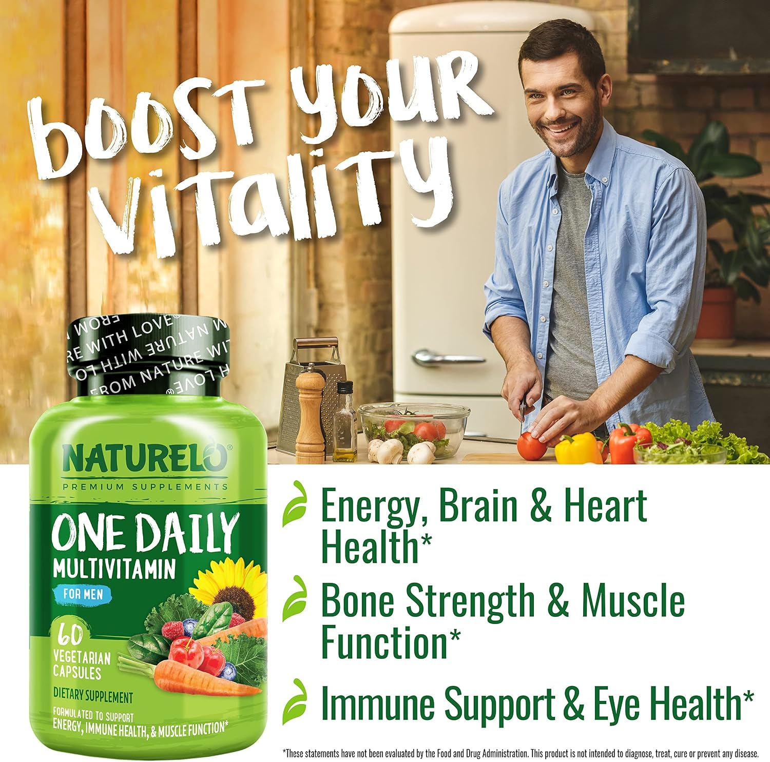 NATURELO Multivitamínico para Hombres - Complejo de Vitaminas y Minerales con Alimentos Ecológicos, 60 Cápsulas Vegetales