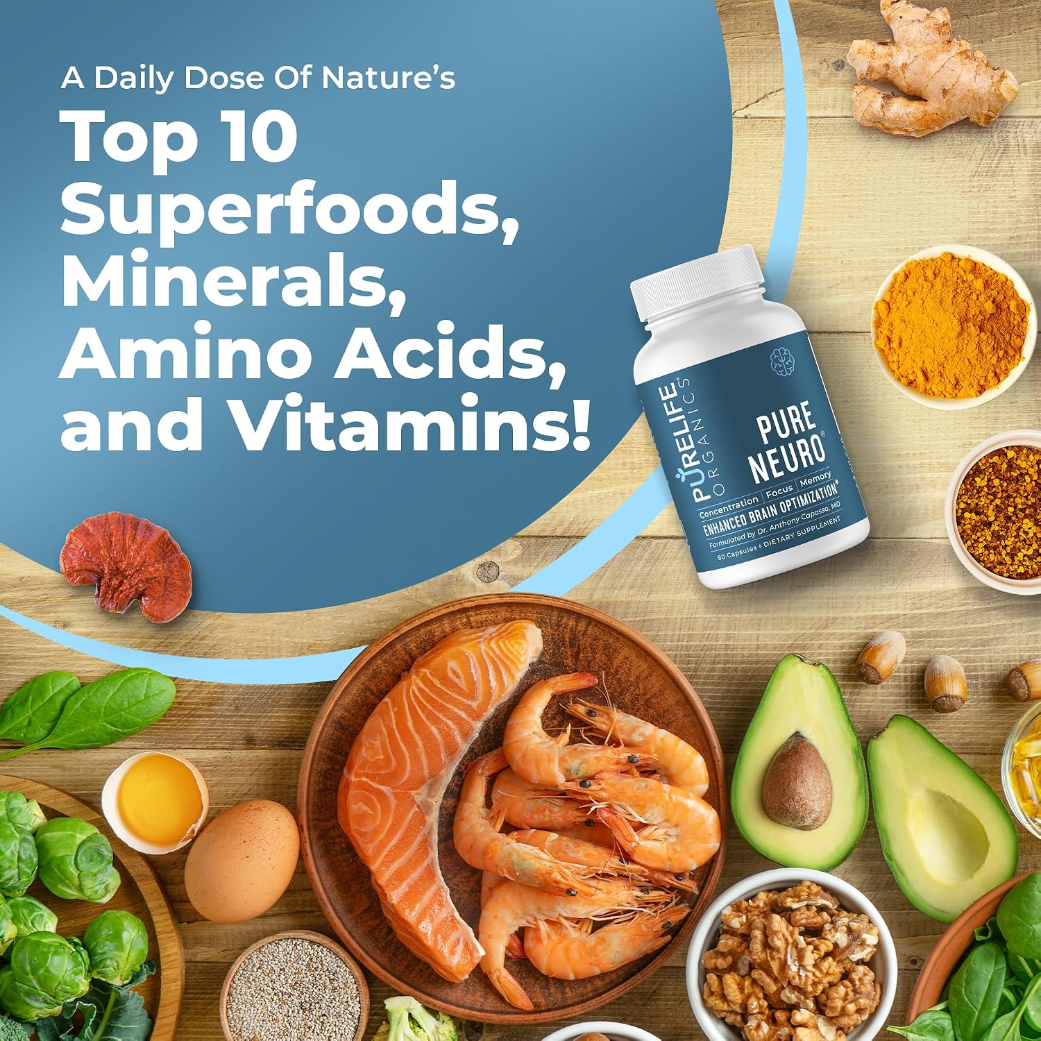 PureLife Organics Pure Neuro – Complemento para Eliminar la Niebla Mental, Apoyo a la Memoria y Enfoque – 60 Cápsulas Veganas y Sin Gluten – Fórmula del Doctor