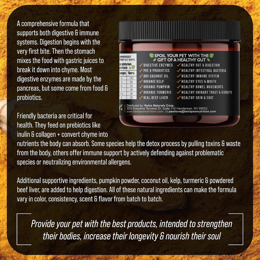 Best Paw Nutrition Probióticos para Perros con Enzimas Digestivas y Probióticos - Polvo Sabor Hígado de Res - 184g