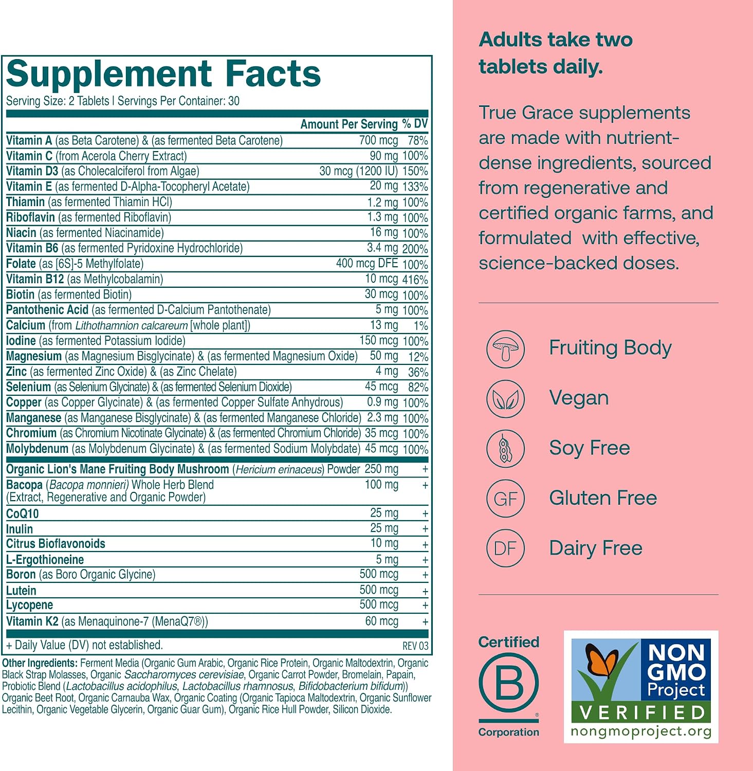 True Grace Multivitamínico Diario Mujeres 50+ - 60 Comprimidos - Vegano, Sin Gluten Ni Soja
