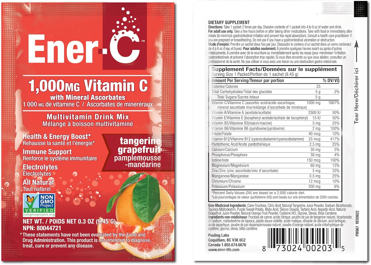 Ener-C Suplemento multivitamínico con sabor a mandarina y pomelo, 1000 mg de vitamina C, 60 sobres