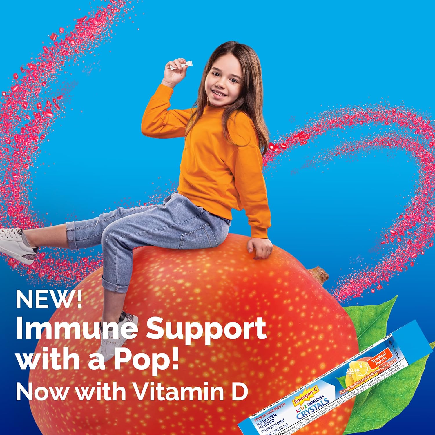 Emergen-C Kidz Immune Plus Crystals, Sobres de apoyo inmunitario con vitamina C, D, vitaminas del grupo B, zinc y manganeso, sabor Tropical Punch - 28 sobres