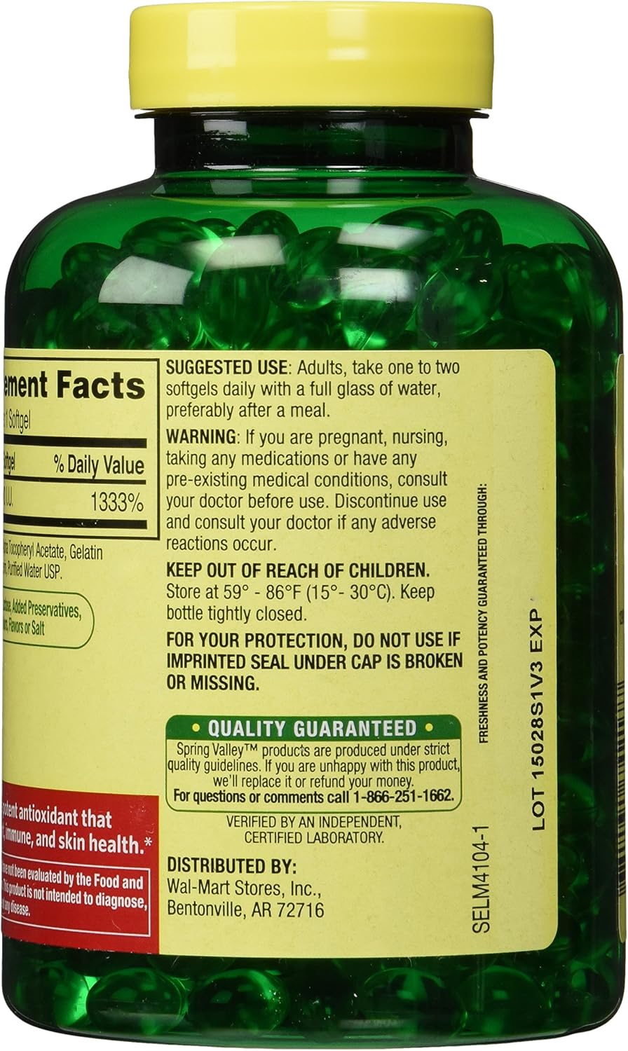 Spring Valley Vitamina E 400 UI, 500 Cápsulas Blandas