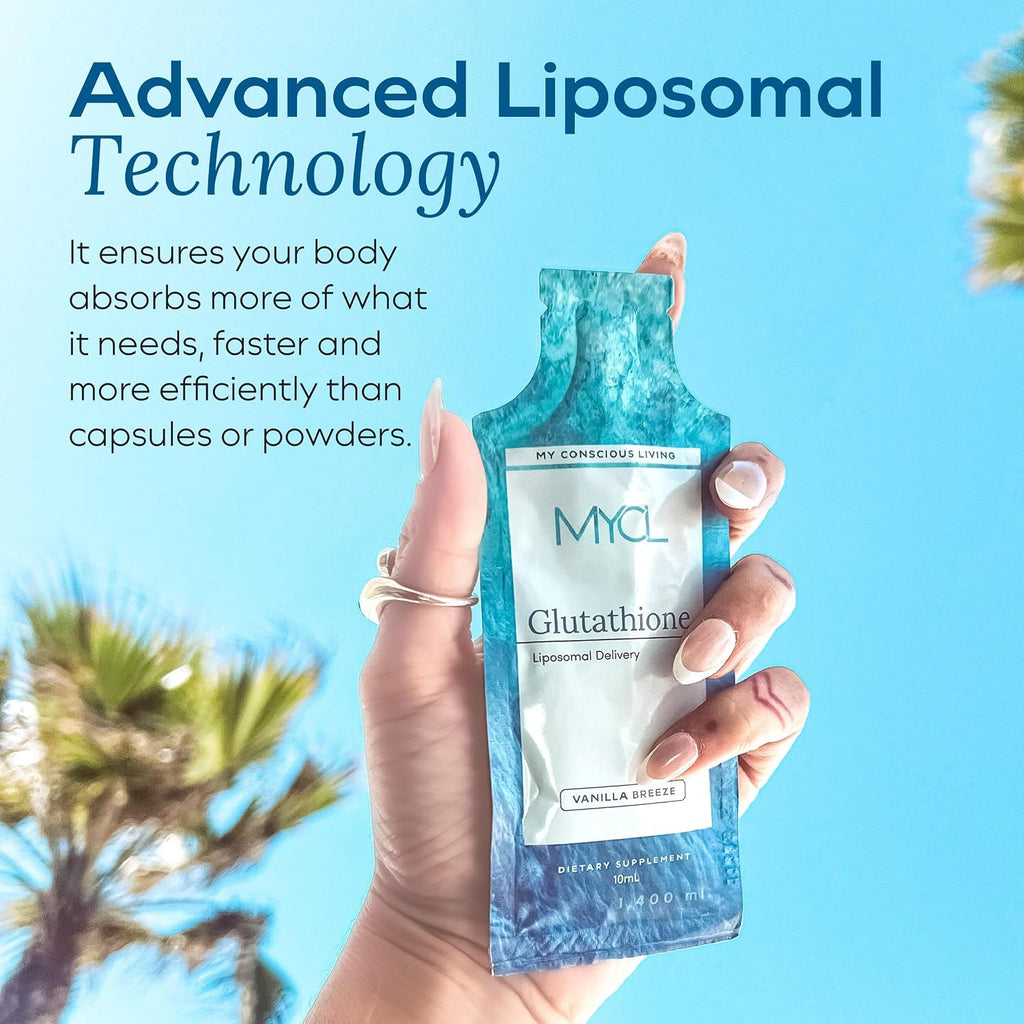 MYCL Glutatión Liposomal con Vitamina E y Aceite MCT - Salud de Piel, Cabello y Uñas - Alta Absorción - Sabor Vainilla Almendra - 30 Sobres Monodosis