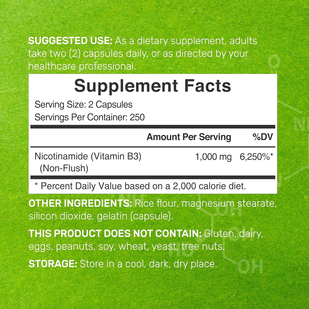Vitamina B3 Niacinamida 1000 mg - 500 Cápsulas - Sin Rubor