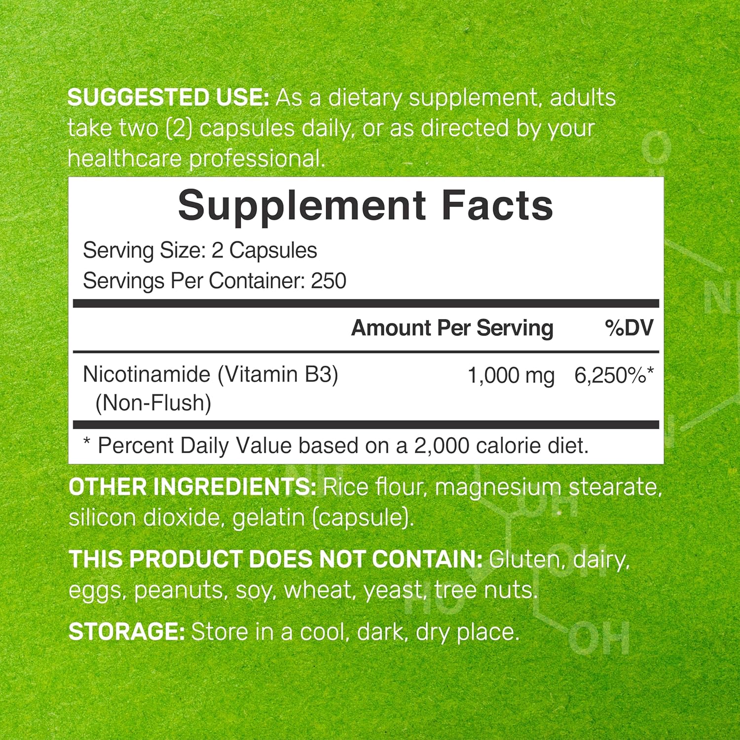 Vitamina B3 Niacinamida 1000 mg - 500 Cápsulas - Sin Rubor
