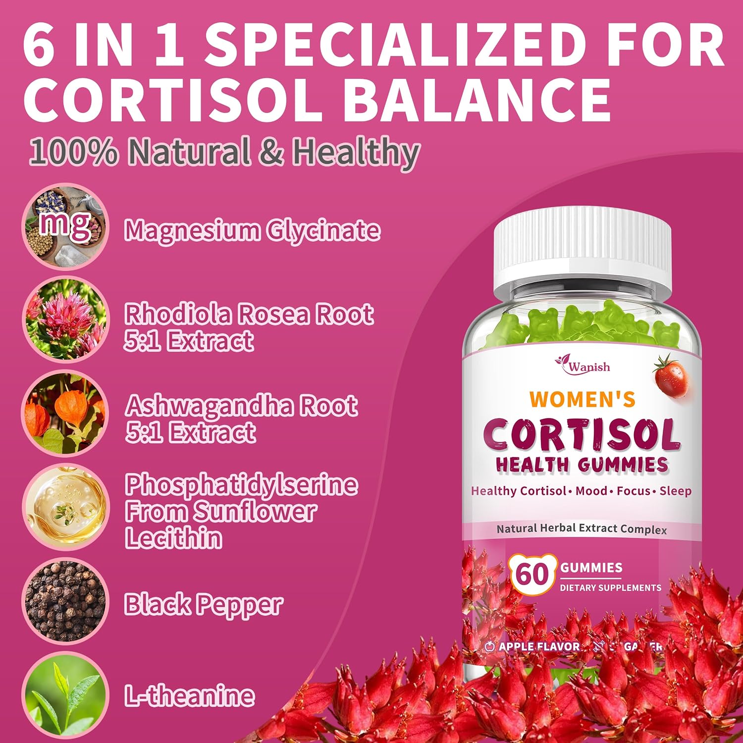 Gominolas de Cortisol para Mujeres - Wanish - Con Ashwagandha, Rhodiola Rosea, Magnesio Glicinato y L-Teanina - 180 Gominolas Veganas Sabor Manzana