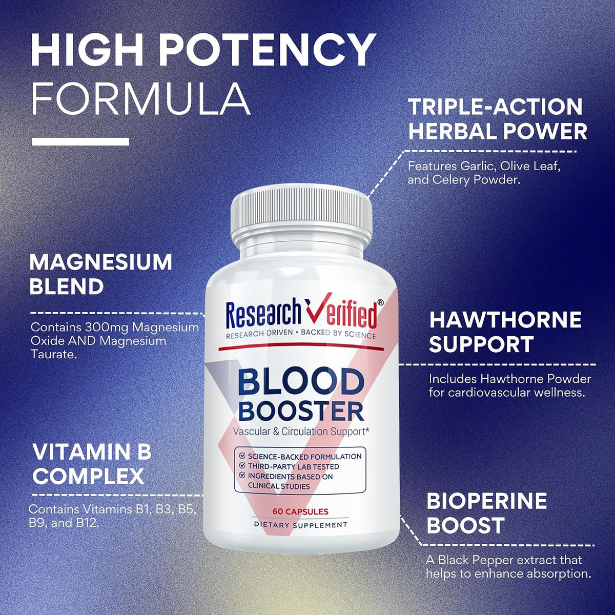 Research Verified Blood Booster - 180 – Espino blanco, apio, olivo, ajo, forskolina e hibisco: Estos extractos – Image 3