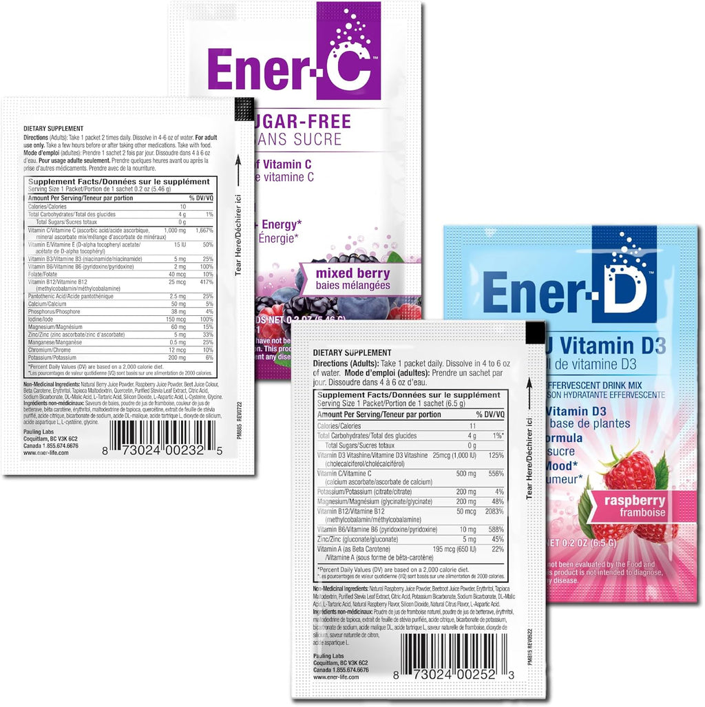 Ener-C Vitamina C 1000mg y Ener-D Vitamina D3 – Pack de 54 Sobres de Bebida en Polvo (Arándanos y Frambuesa)