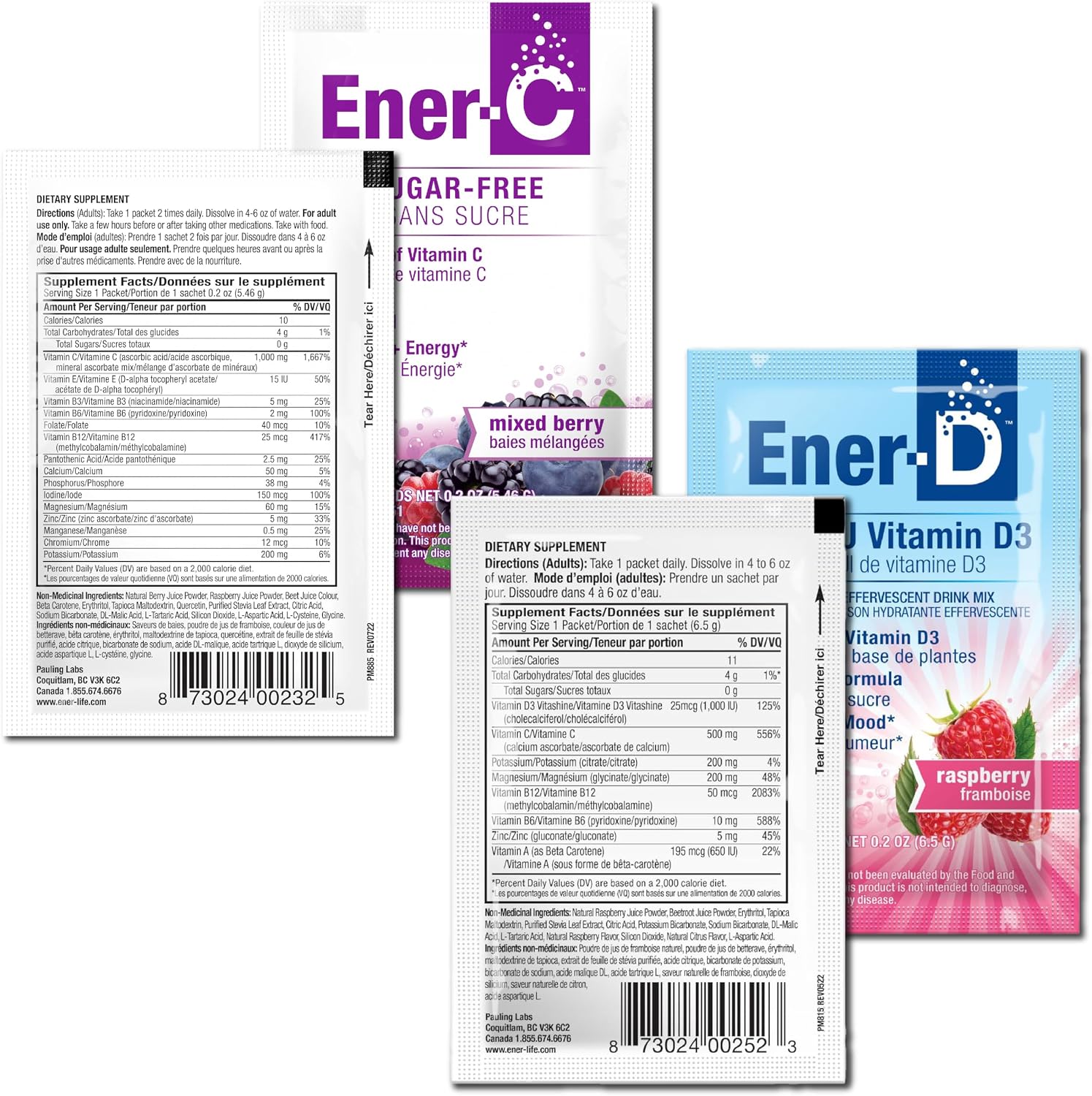 Ener-C Vitamina C 1000mg y Ener-D Vitamina D3 – Pack de 54 Sobres de Bebida en Polvo (Arándanos y Frambuesa)