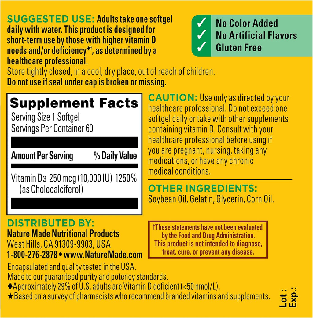 Nature Made Vitamina D3 10000 IU (250 mcg) Máxima Potencia, 60 Cápsulas Blandas
