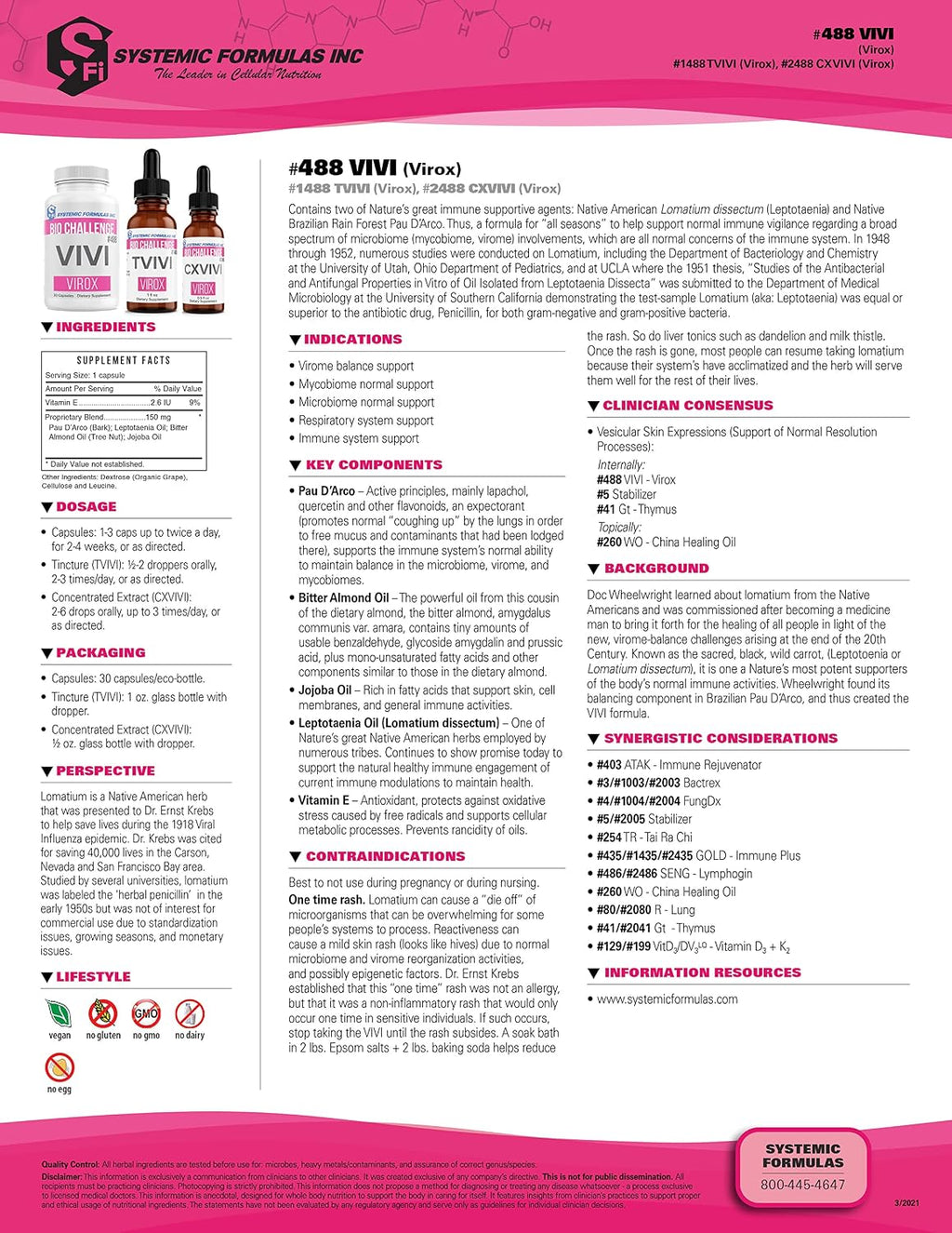 Systemic Formulas Bio Challenge #488 VIVI Virox - 30 Cápsulas. Mezcla de apoyo inmunitario con Pau D'Arco, Aceite de Leptotaenia (Lomatium dissectum), Aceite de Almendras Amargas, Aceite de Jojoba y Vitamina E.