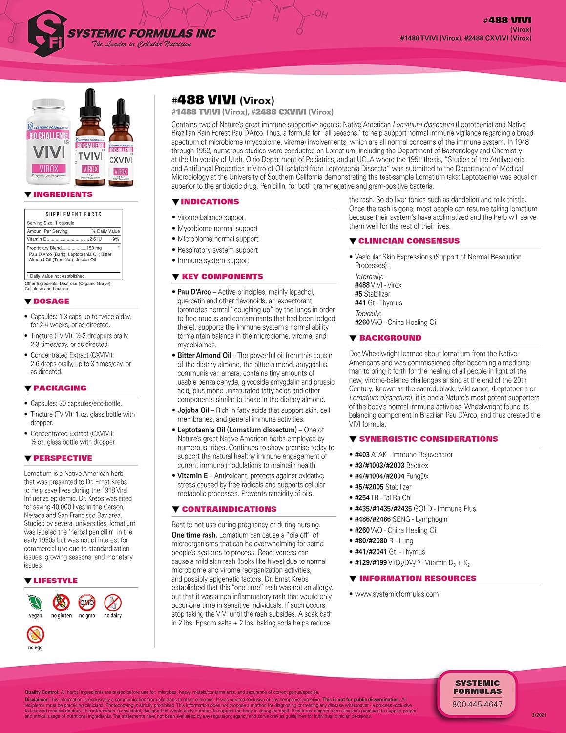 Systemic Formulas Bio Challenge #488 VIVI Virox - 30 Cápsulas. Mezcla de apoyo inmunitario con Pau D'Arco, Aceite de Leptotaenia (Lomatium dissectum), Aceite de Almendras Amargas, Aceite de Jojoba y Vitamina E.