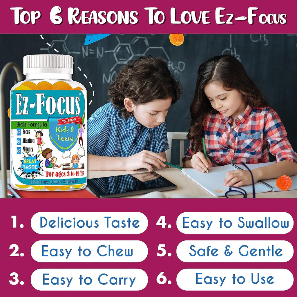 Ez-Focus Gominolas para Niños y Adolescentes – Apoyo al Enfoque Cerebral, Memoria y Concentración, DHA y Omega-3, 60 gominolas