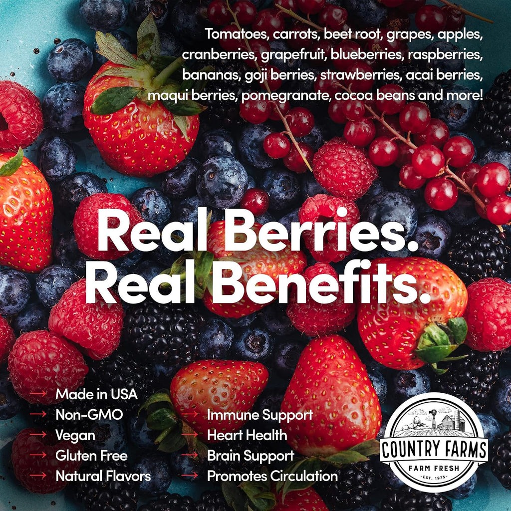 COUNTRY FARMS Super Reds - Superalimento en Polvo, 48 Frutas y Bayas, Antioxidantes, 20 Porciones, Sabor a Bayas Mixtas