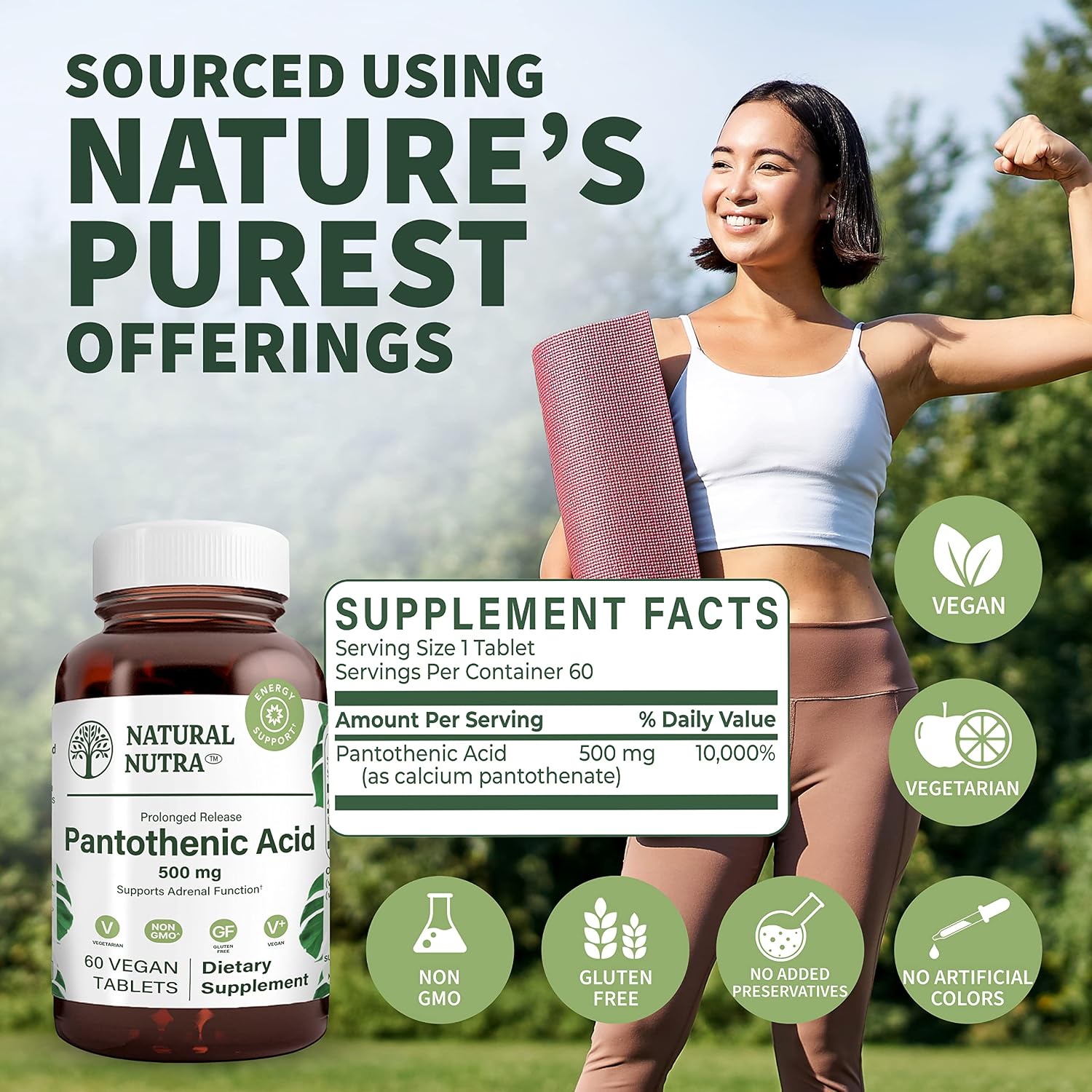 Natural Nutra Ácido Pantoténico 500 mg Liberación Prolongada - Vitamina B5 - 60 Comprimidos Vegetarianos (2 Envases)