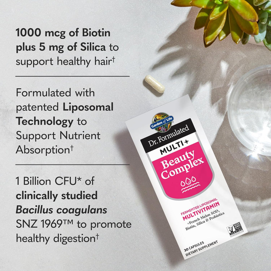 Garden of Life Dr. Formulated Multi+ Beauty Complex - Cápsulas para Cabello, Piel y Uñas con Biotina, Melón Francés y Probióticos - 30 Cápsulas Vegetarianas