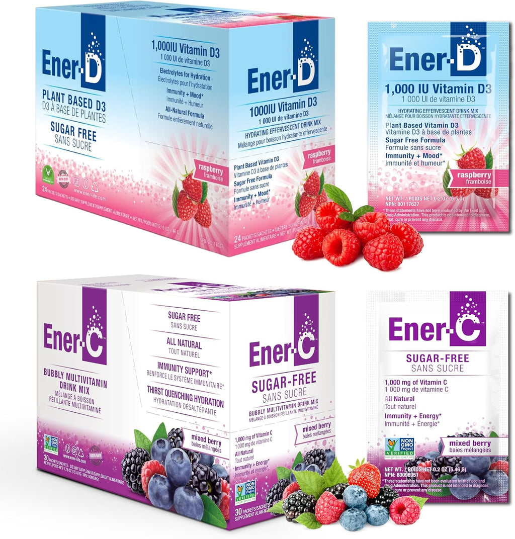 Ener-C Vitamina C 1000mg y Ener-D Vitamina D3 – Pack de 54 Sobres de Bebida en Polvo (Arándanos y Frambuesa)