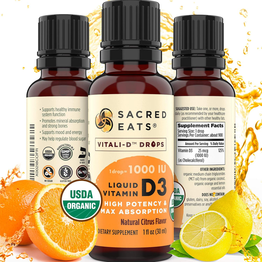 Gotas Orgánicas de Vitamina D3 Líquida - 1000 UI por Gota, Sin Azúcar, Aceite de Coco MCT, Máxima Absorción