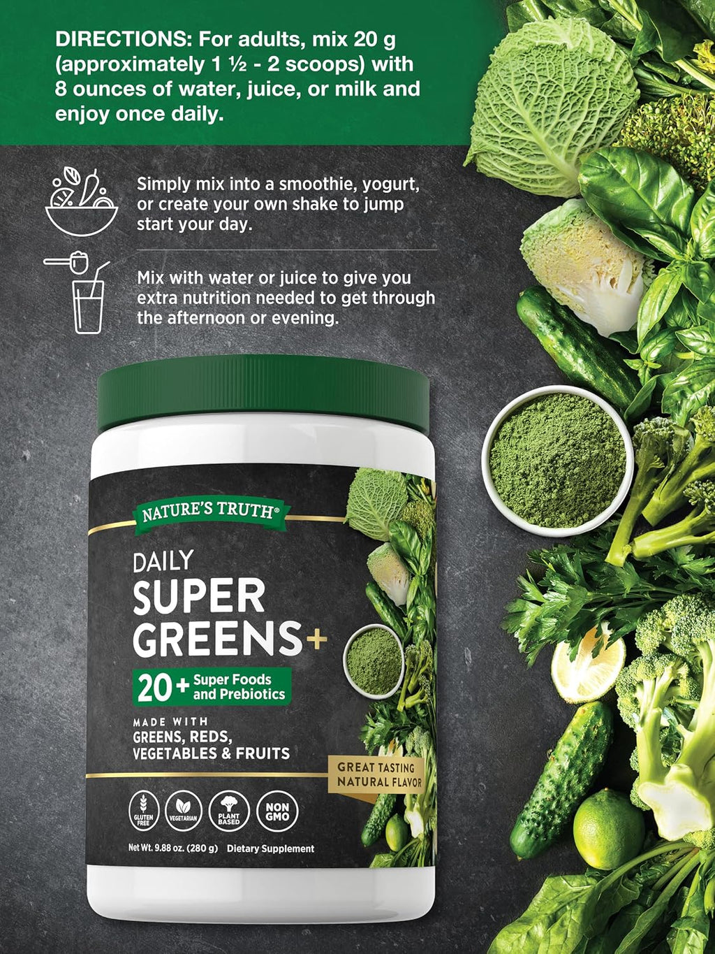 Nature's Truth Super Greens Powder - Superalimentos y Prebióticos - 280g - Vegano y Sin Gluten