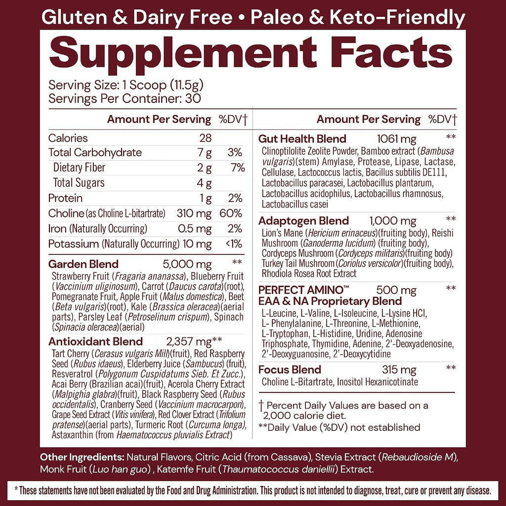 BodyHealth Reds Enhanced with PerfectAmino - Polvo de superalimentos diario con antioxidantes, adaptógenos, fitonutrientes, frutas, prebióticos, probióticos, fibra y proteína - 30 porciones