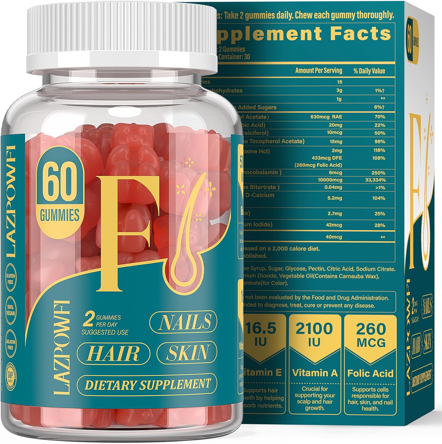 Lazpowfi Biotin Gummies - Gominolas de Biotina para Cabello, Piel y Uñas, Vegano, 60 unidades