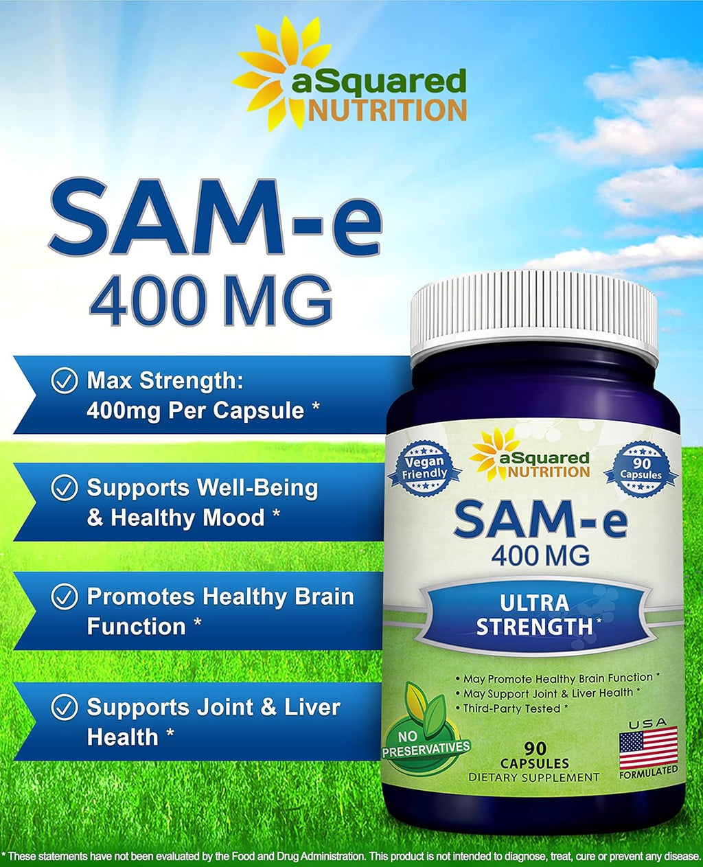 aSquared Nutrition SAM-e 400mg, 90 Cápsulas Veganas