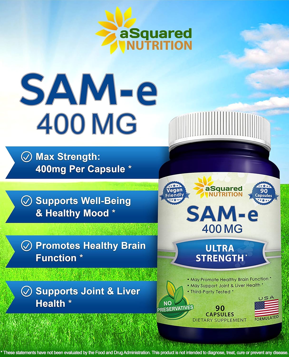 aSquared Nutrition SAM-e 400mg, 90 Cápsulas Veganas