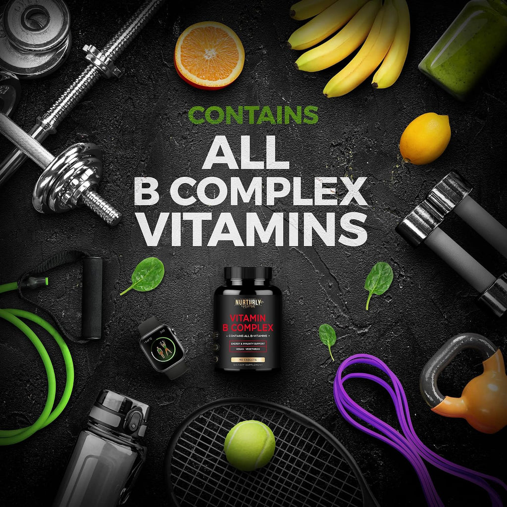 NURTURLY Complejo B – Vitaminas B1, B2, B3, B5, B6, B7, B9, B12 y Biotina – 180 Comprimidos