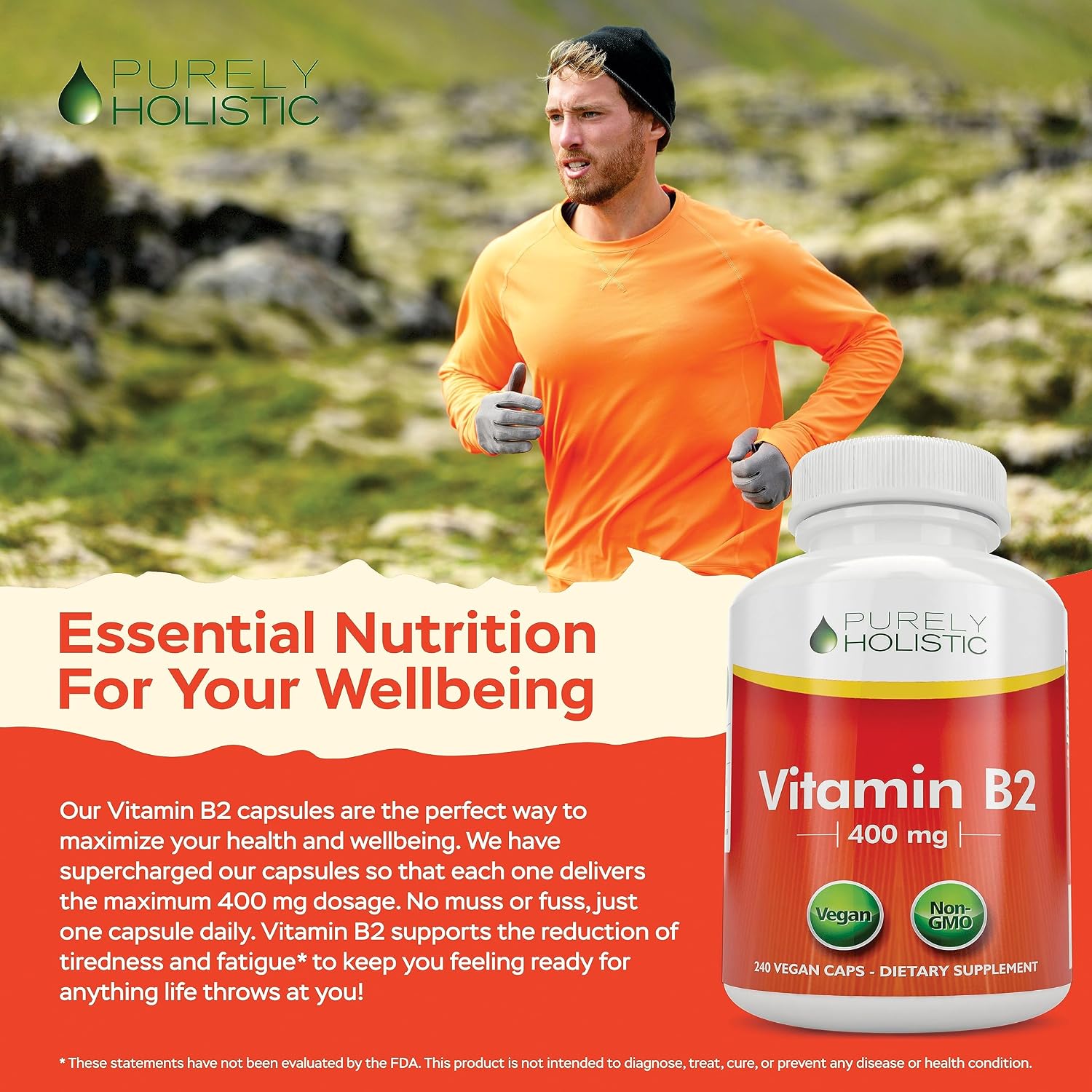 Purely Holistic Vitamina B2 Riboflavina 400mg - 240 Cápsulas Veganas, Suministro para 8 Meses - Alta Potencia - No OGM y Sin Gluten - Apoya la Producción de Energía y la Salud Celular