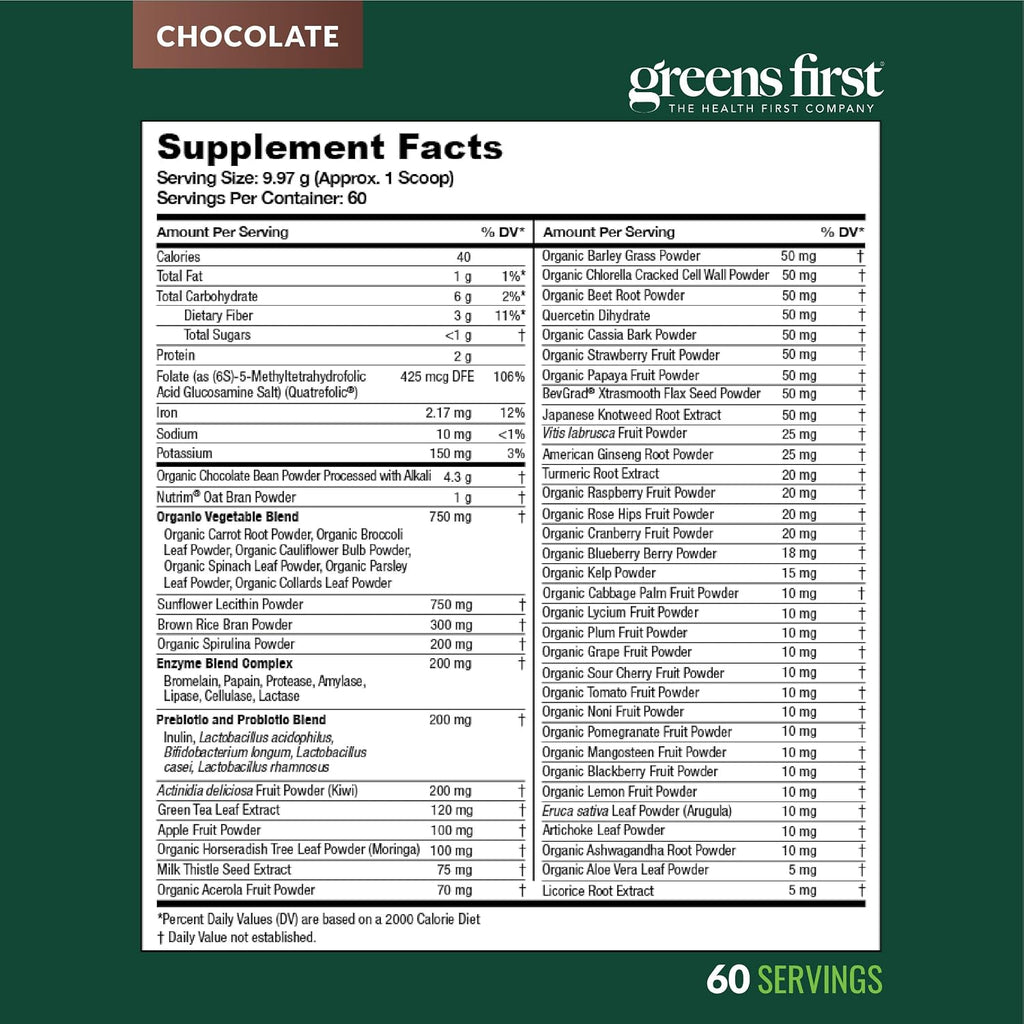 Greens First Original Greens Powder - 49 Superfoods - Chocolate - 60 Porciones