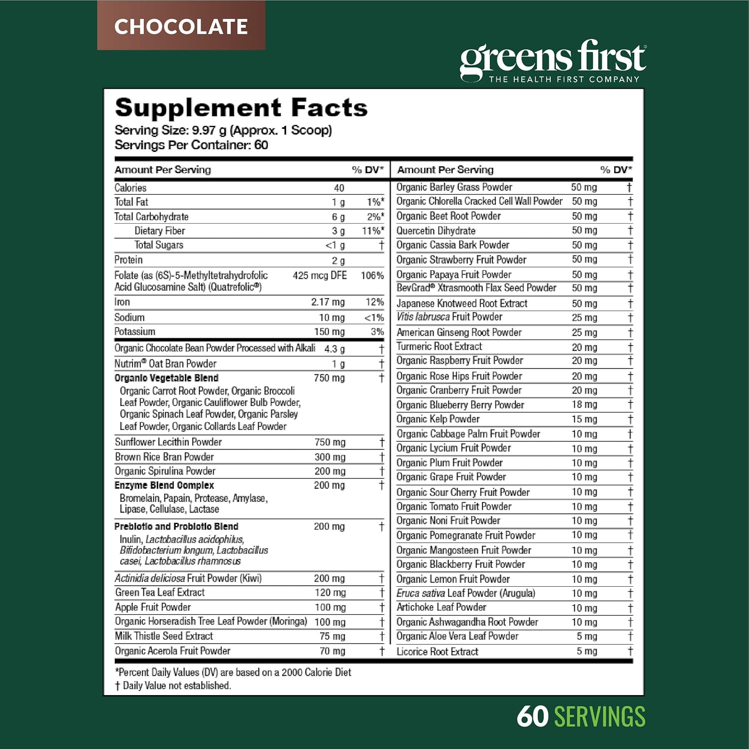 Greens First Original Greens Powder - 49 Superfoods - Chocolate - 60 Porciones