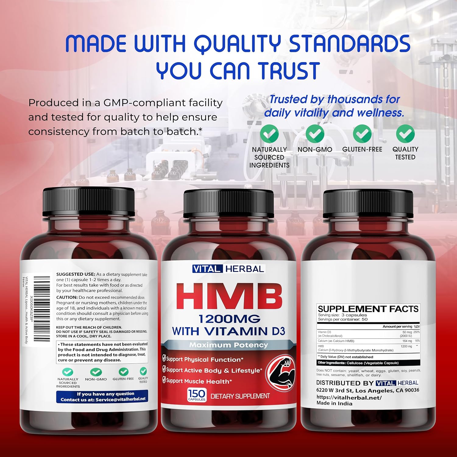 VITAL HERBAL Liposomal HMB con Vitamina D3 – Máxima Potencia – Apoya la Salud Muscular y el Cuerpo Activo