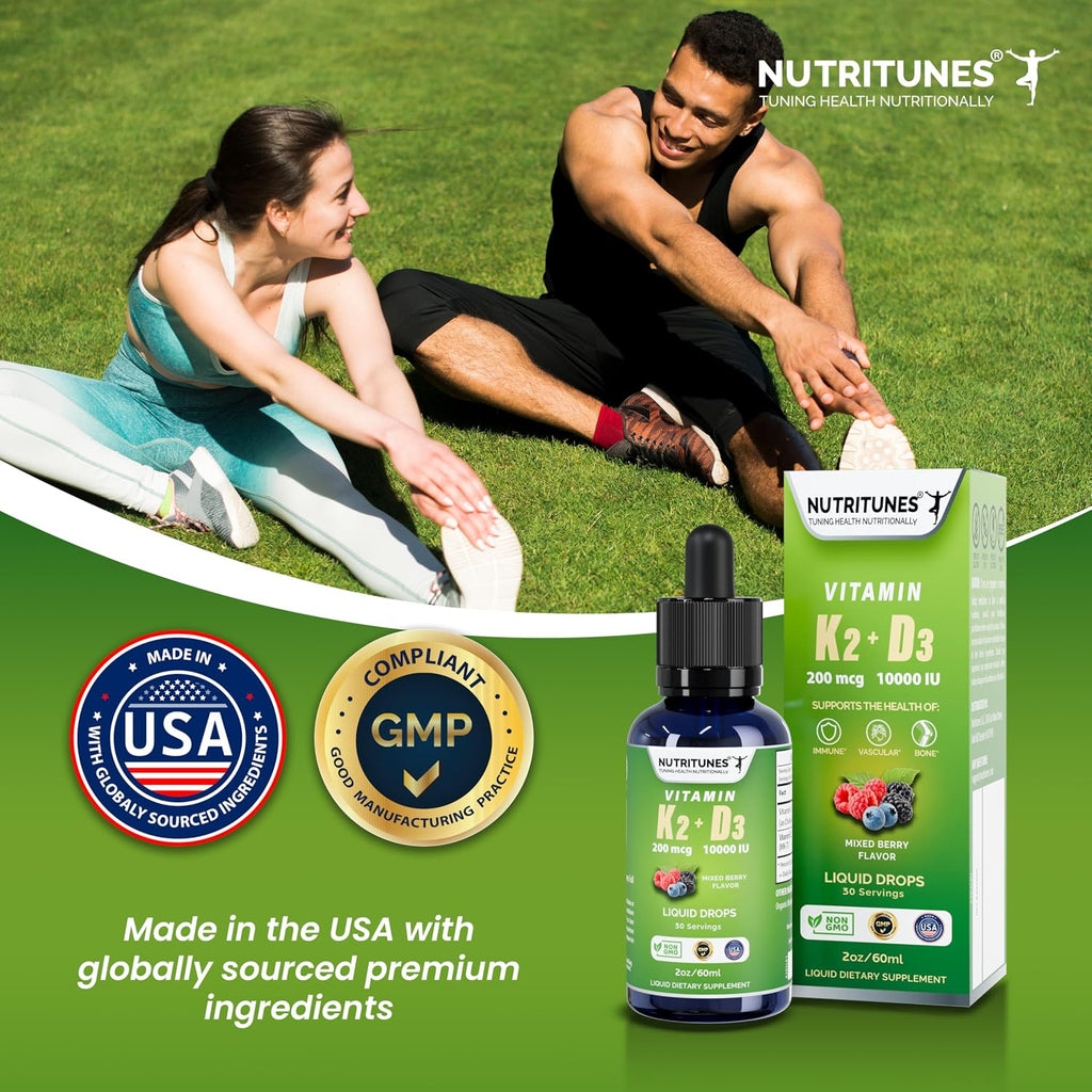 Nutritunes K2 D3 Liquid Drops – Vitamina D3 10.000 UI y K2 200 mcg – Complemento de Alta Potencia – Sabor a Bayas Mixtas – 30 Servicios (60 ml)