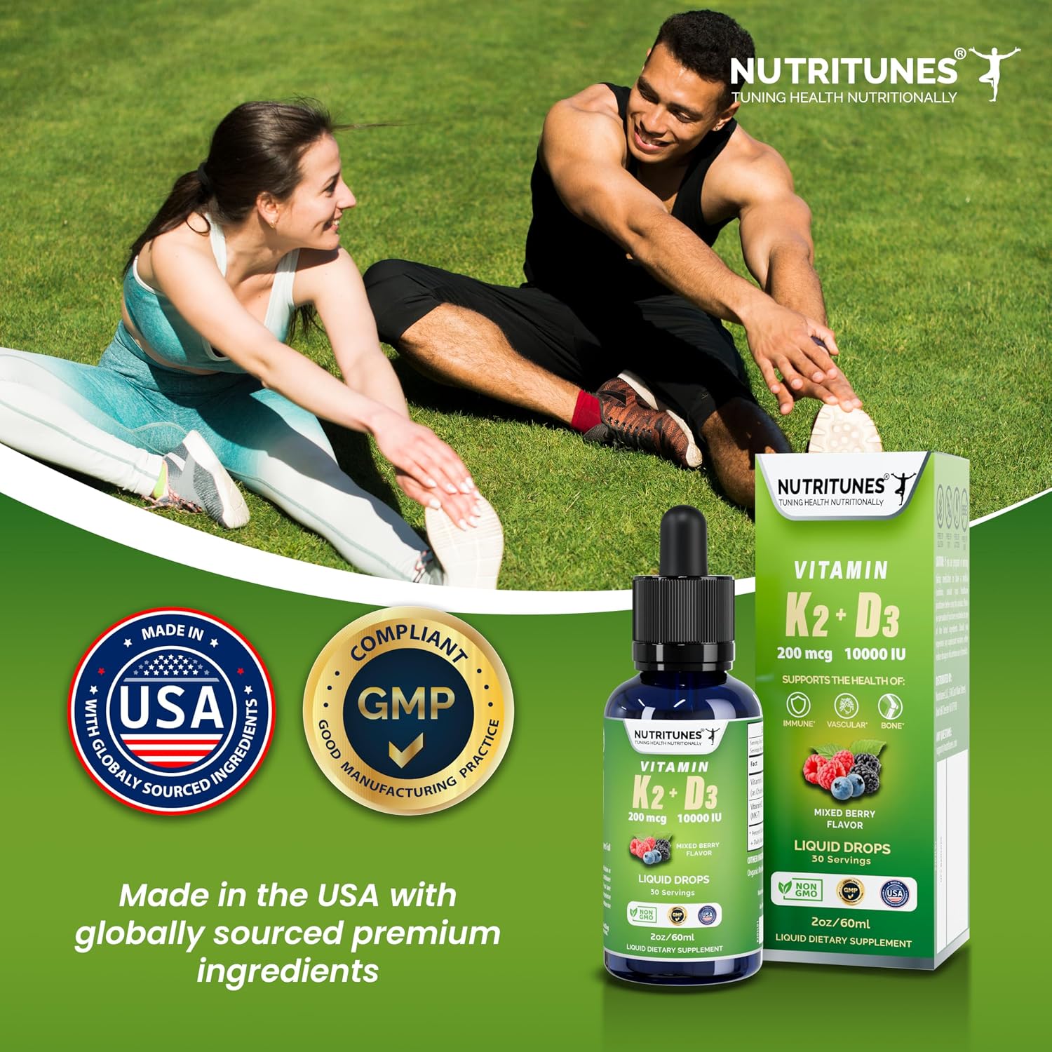 Nutritunes K2 D3 Liquid Drops – Vitamina D3 10.000 UI y K2 200 mcg – Complemento de Alta Potencia – Sabor a Bayas Mixtas – 30 Servicios (60 ml)