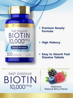Carlyle Biotina 10.000mcg | 500 Comprimidos de Disolución Rápida | Para Cabello, Piel y Uñas | Máxima Potencia | Vegano, Sin OGM, Sin Gluten