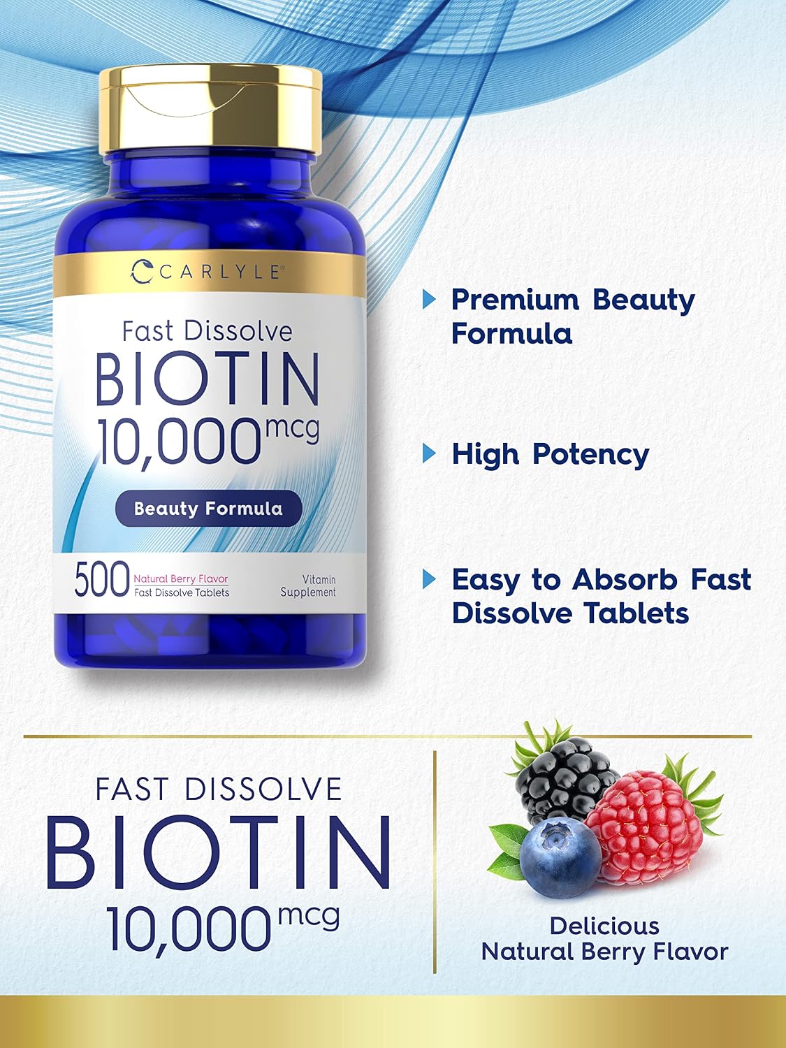 Carlyle Biotina 10.000mcg | 500 Comprimidos de Disolución Rápida | Para Cabello, Piel y Uñas | Máxima Potencia | Vegano, Sin OGM, Sin Gluten